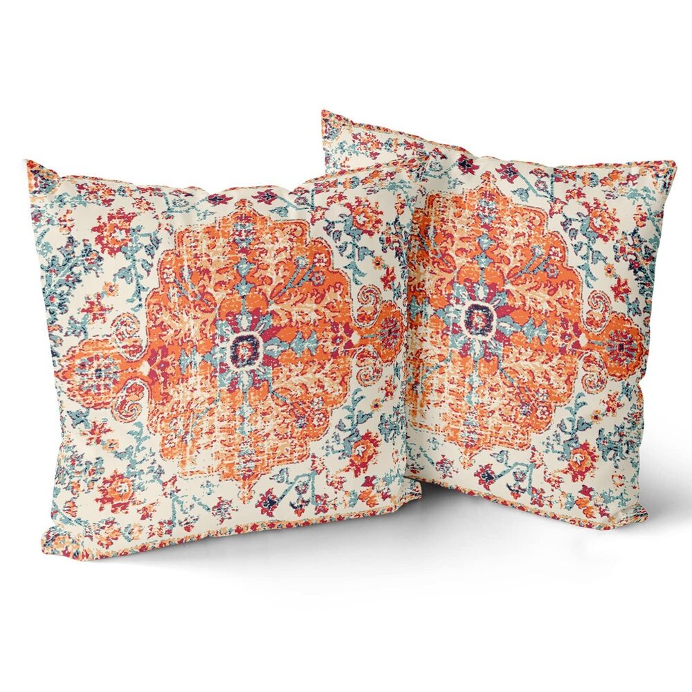 9520 Orange Blue Ethnic Boho Pillow Covers 18X18 In Bohemian Carpet Vintage